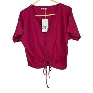 Zara NWT Size M Top Pink Crinkle Gathered Ring Tie Short Sleeve V-Neck
